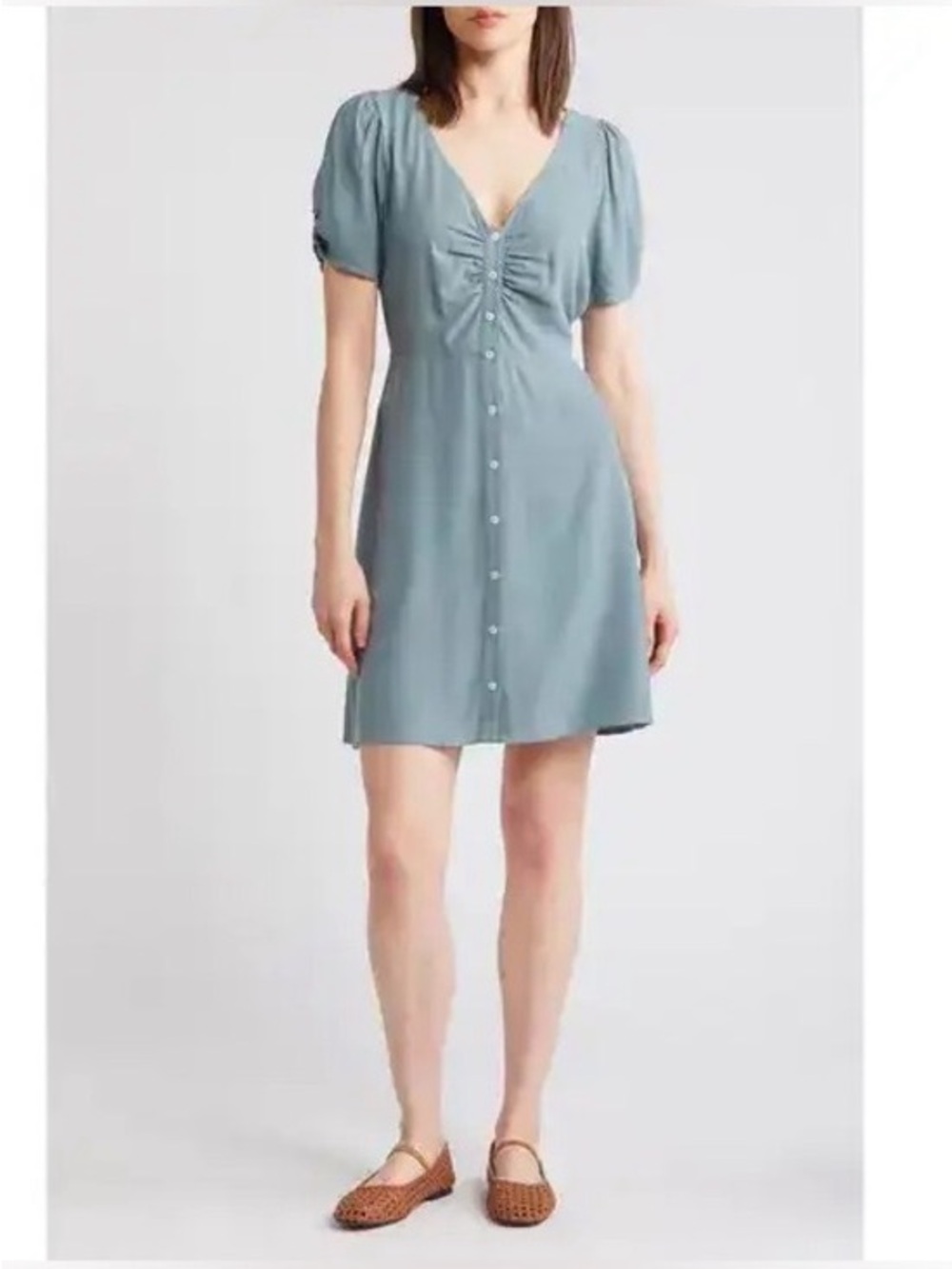 NWT Madewell Button-Front Puff Sleeve Dress in Dusty Blue